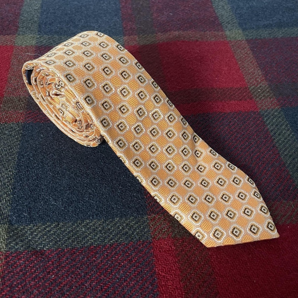 Canali Tie Mens Gold 100% Silk Geometric Woven Classic Made In Italy Necktie